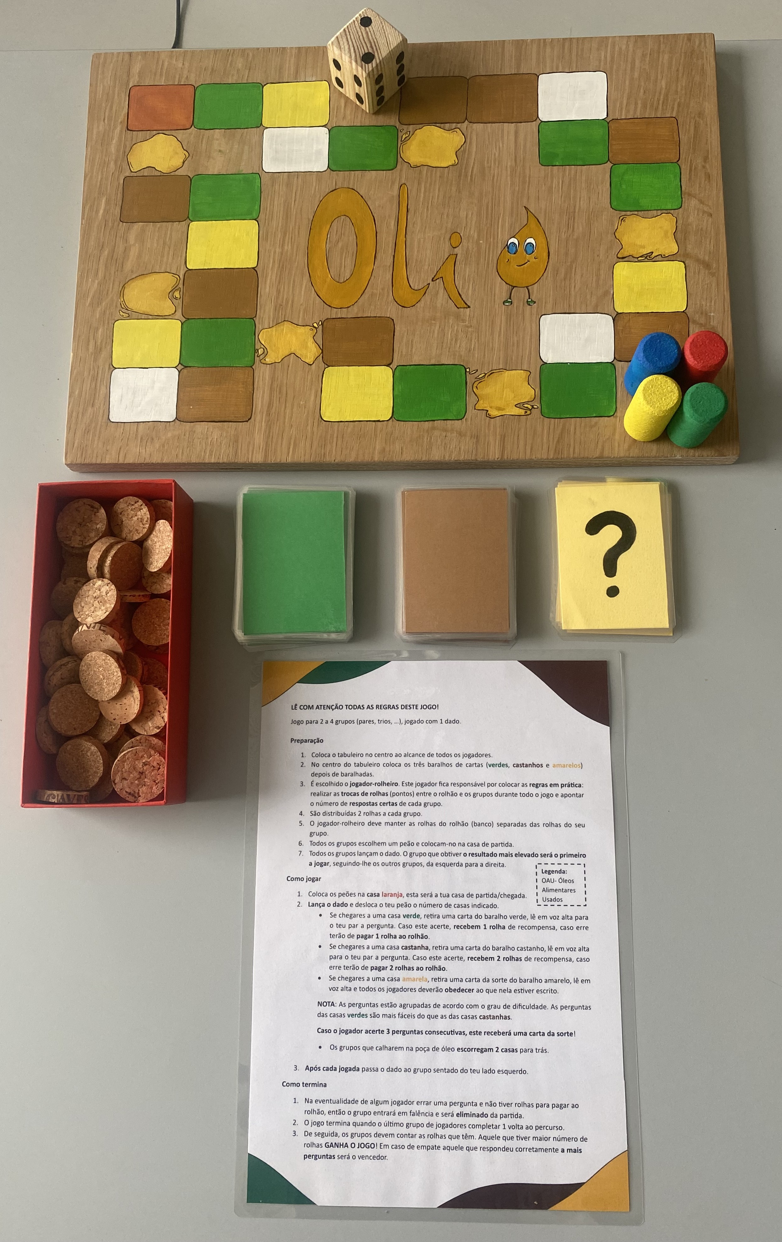 Todos os elementos do jogo (todos construídos pelos alunos)- Tabuleiro, dado, peões, rolhões, cartas:verdes, castanhas e amarelas e regras.