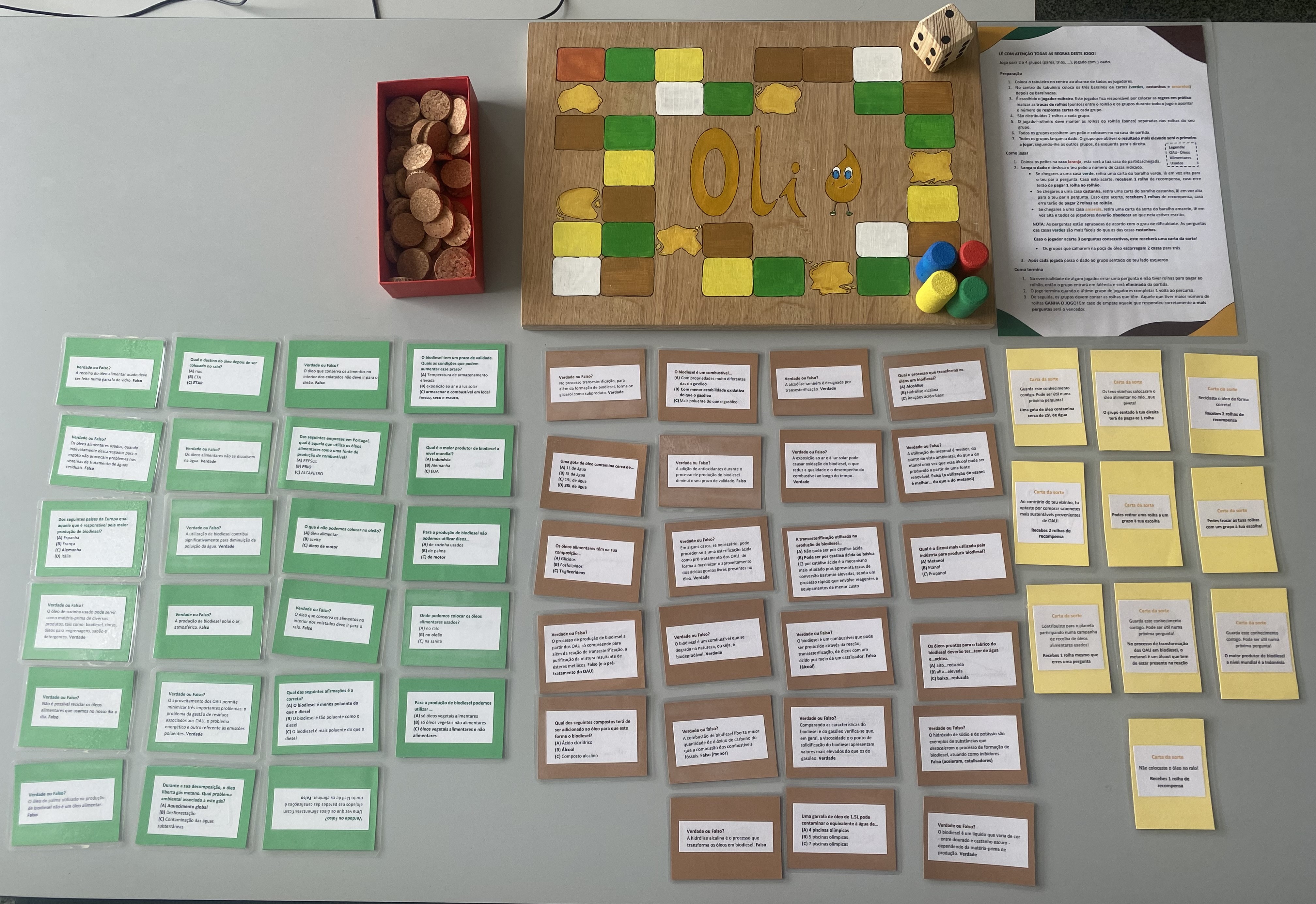 Todos os elementos do jogo- Tabuleiro, dado, peões, rolhões (pontos)  e cartas (perguntas)-verdes, castanhas e cartas da sorte (amarelas) e regras.